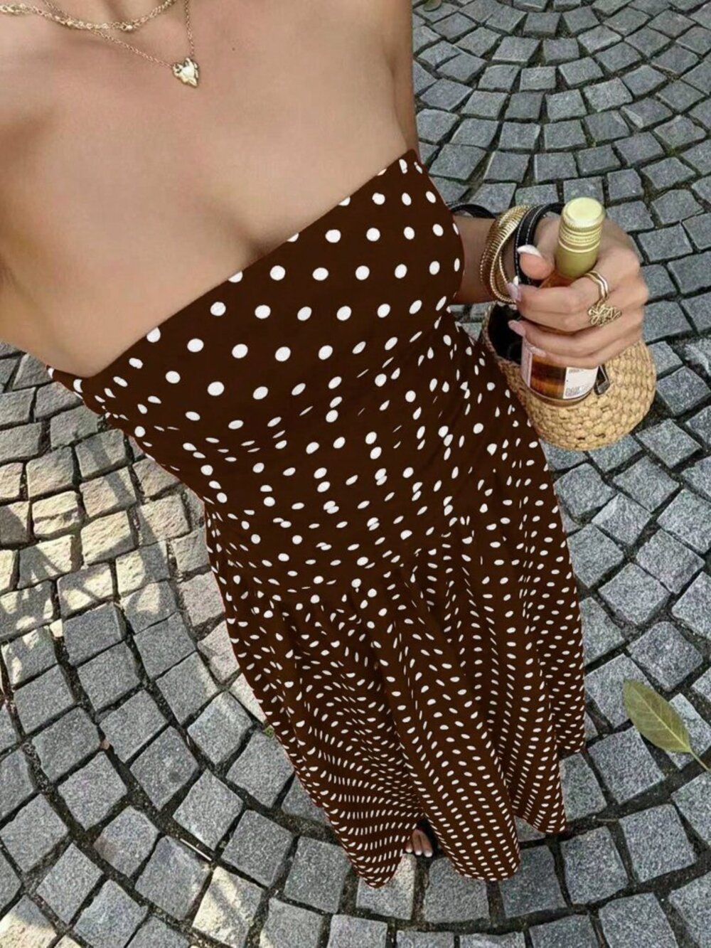 Brown Casual Women's Polka Dot Waist Cinched Bandeau Maxi Sundress - Picture 5 of 6